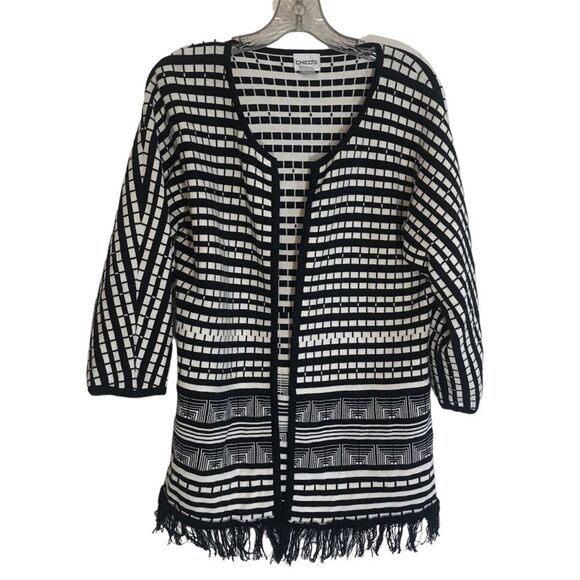 Chico's Open Front Fringed Cardigan Black White Chico's SZ 0 US SZ 4 - Picture 1 of 4